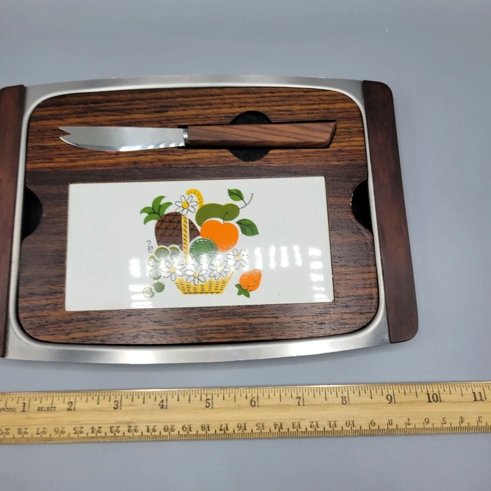 MCM Vintage Wood & Tile Removeable Cheeseboard w/ Tray & Knife in Box Japan